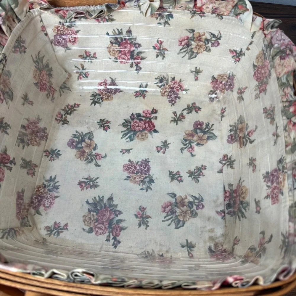 Longaberger 1992 Handwoven Square Basket Floral Liner Plastic Insert Signed TH